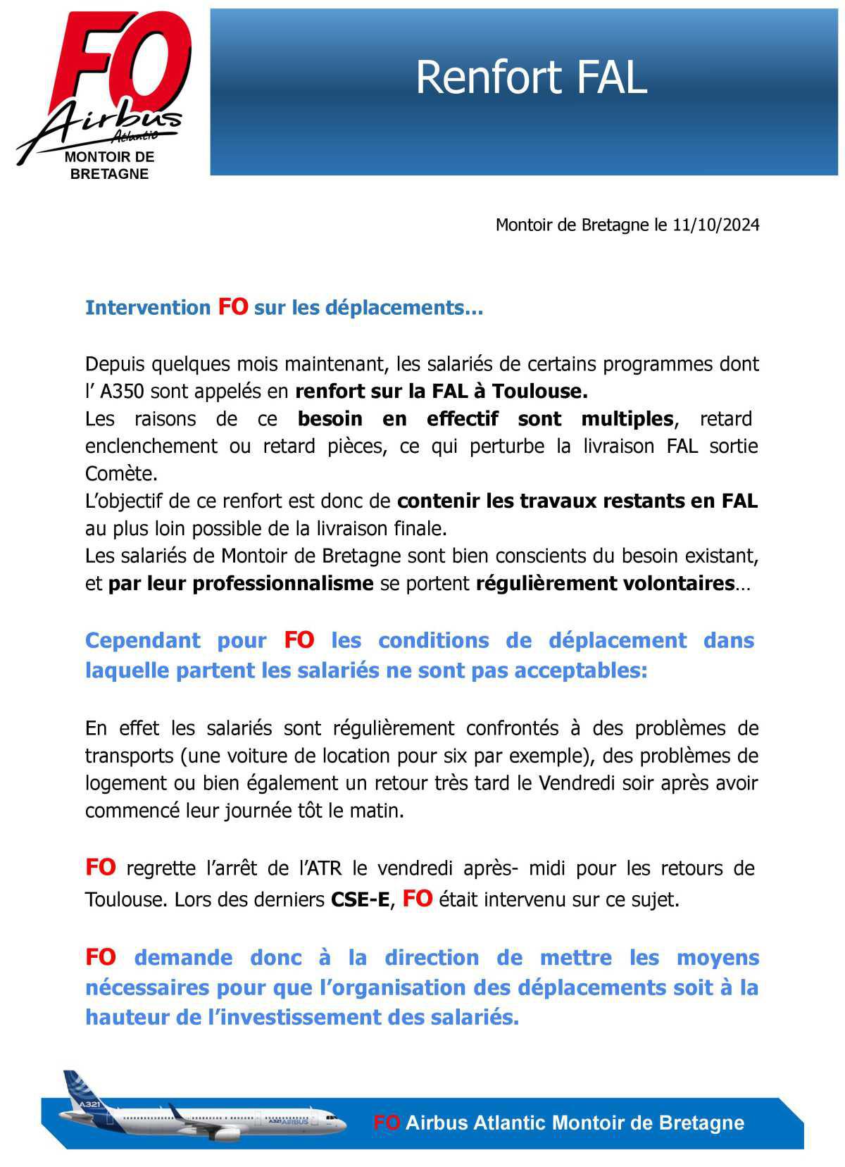 Renfort FAL : intervention FO sur les conditions de déplacement