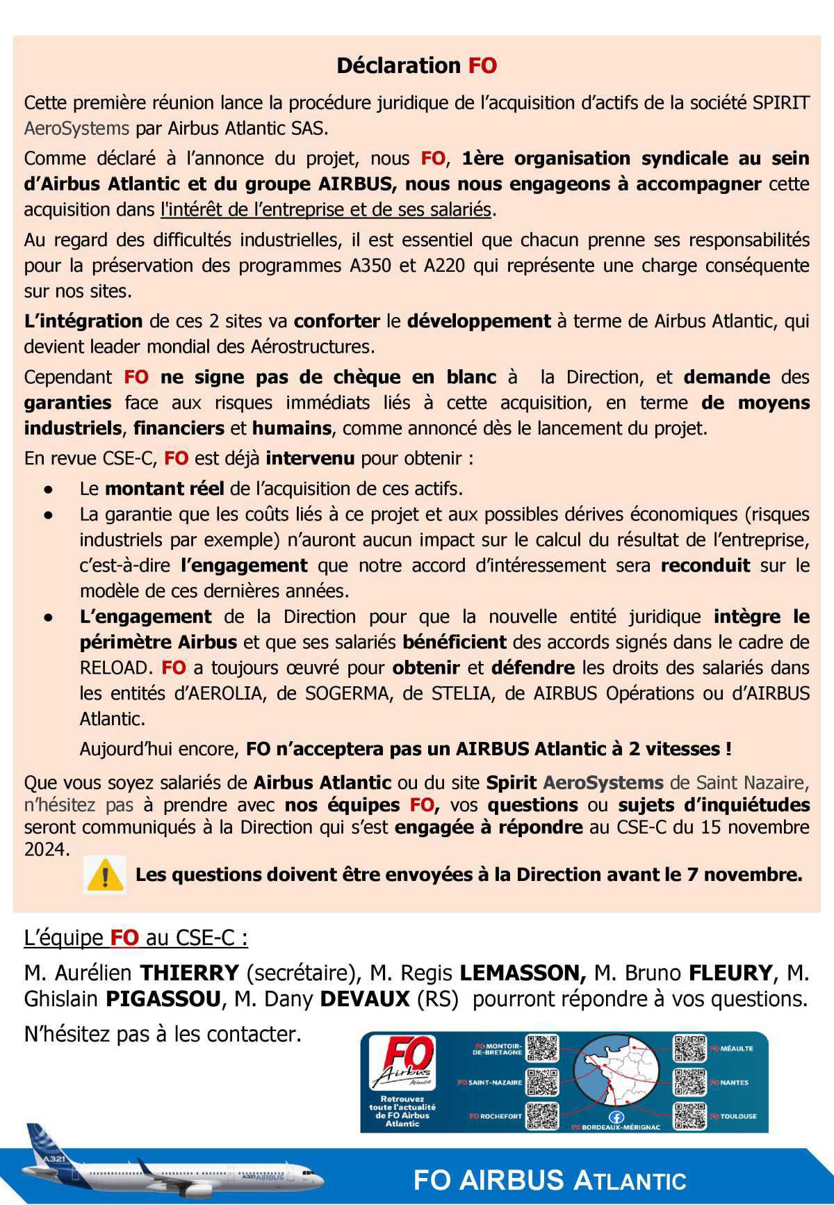 Compte rendu partiel FO du CSE-C extraordinaire du 25 octobre 2024 : Projet SPARROW 1ère réunion