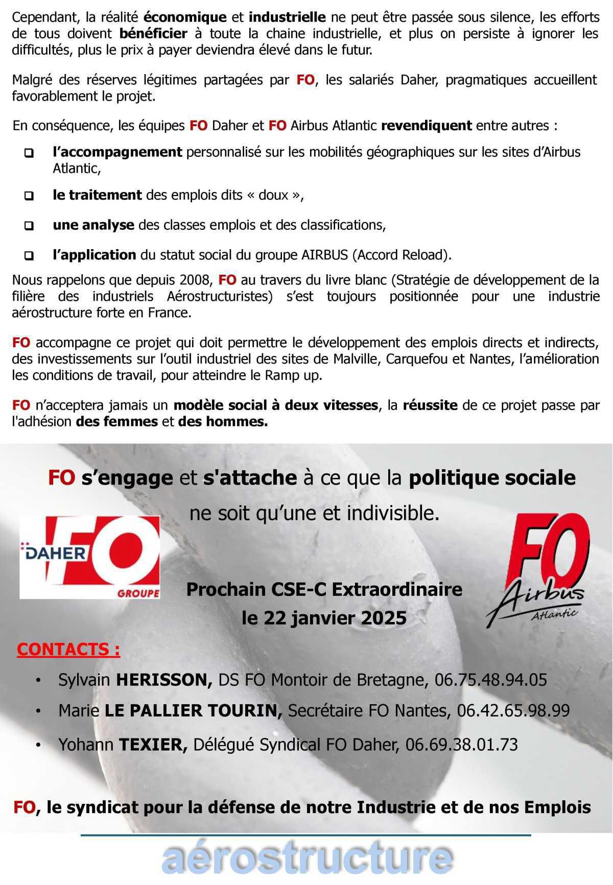 Tract FO : Pragmatique et responsable - Acquisition par Airbus Atlantic de 2 sites du Groupe DAHER