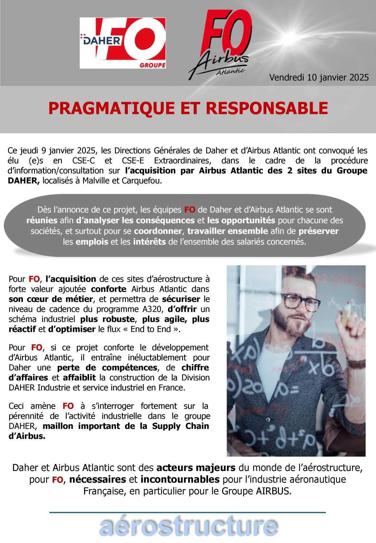 Tract FO : Pragmatique et responsable - Acquisition par Airbus Atlantic de 2 sites du Groupe DAHER