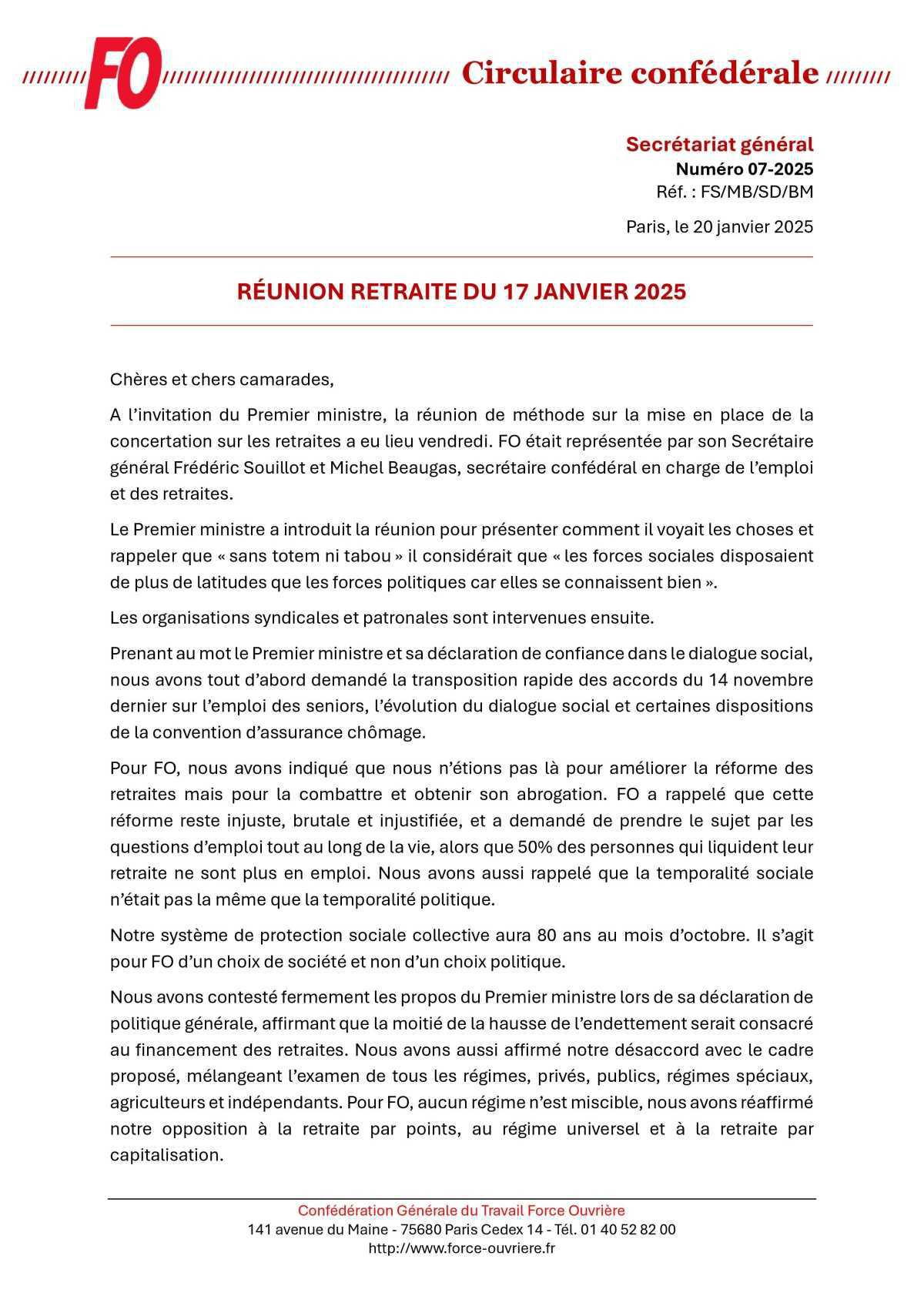 Circulaire confédérale : réunion retraite du 17 janvier 2025