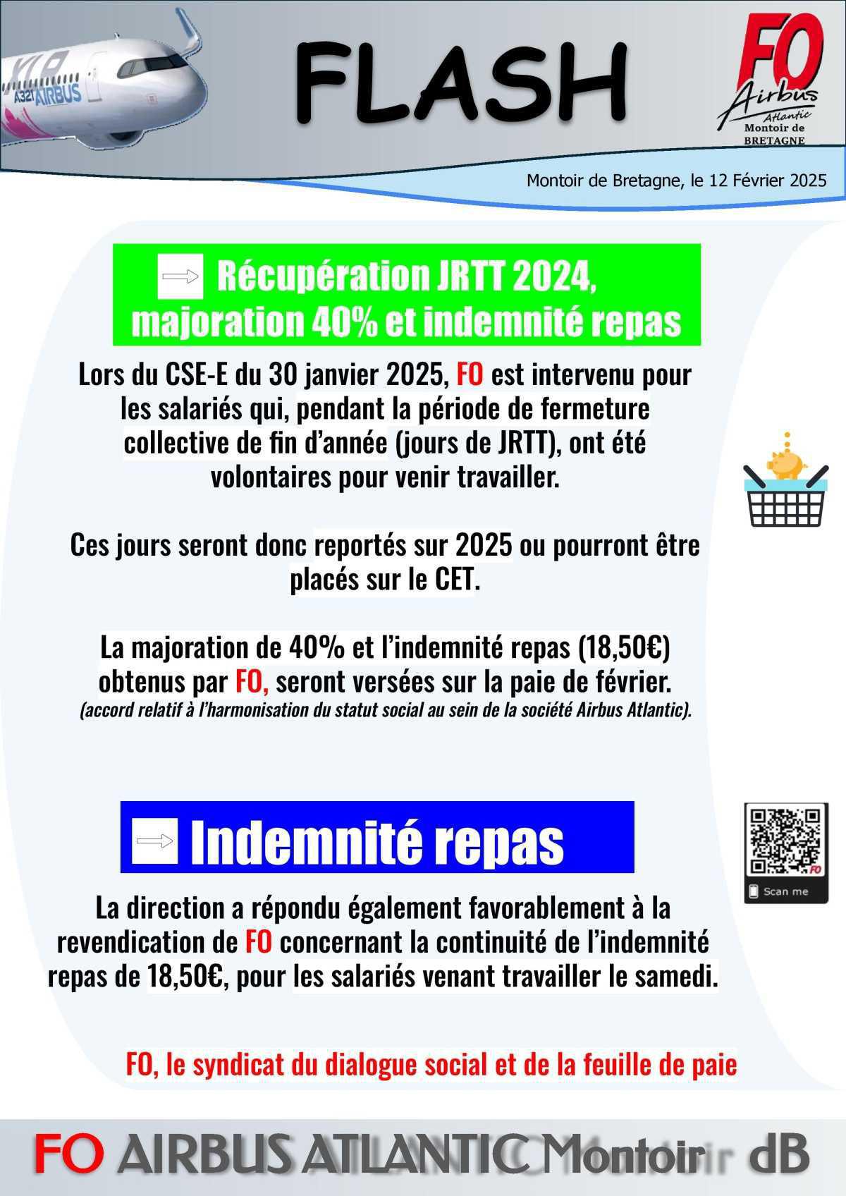 Flash FO : Indemnité repas, récupération jours de JRTT...