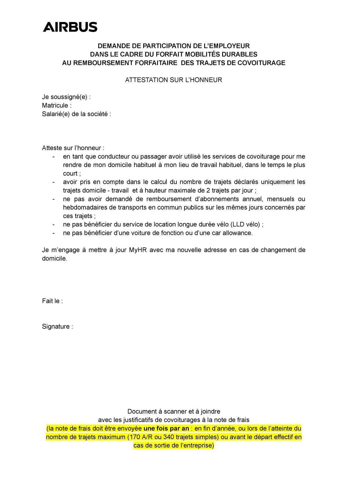 Attestation sur l'honneur pour le covoiturage Attestation sur l'honneur pour le covoiturage