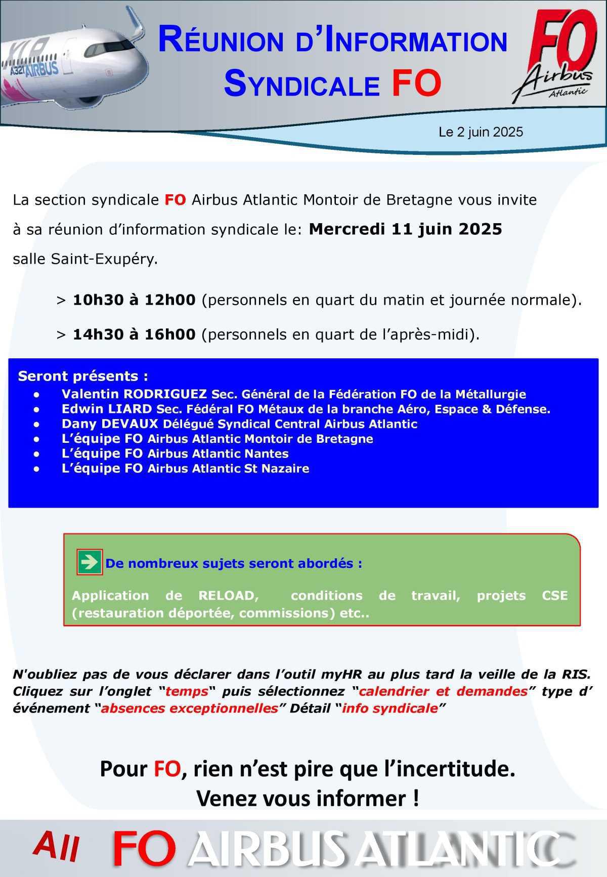 Réunion d'Information Syndicale FO le 11 juin, venez vous informer !