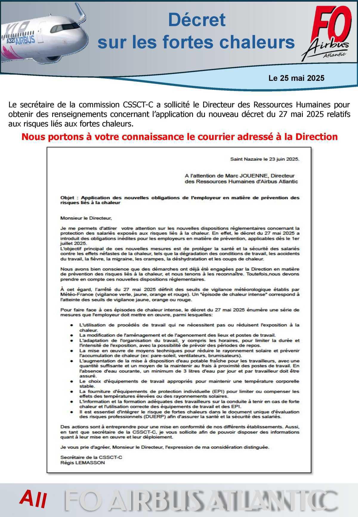 Décret sur les fortes chaleurs : Courrier FO et réponse Direction