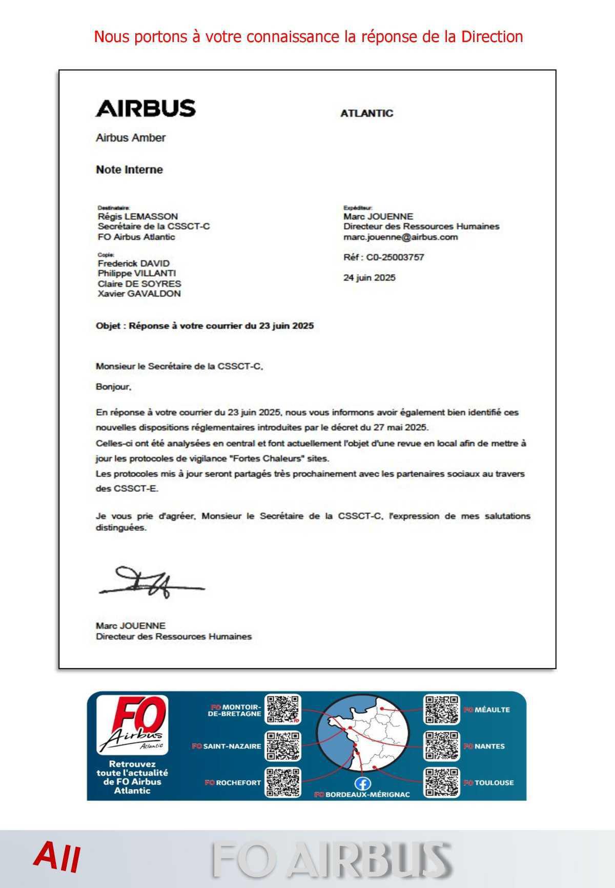 Décret sur les fortes chaleurs : Courrier FO et réponse Direction