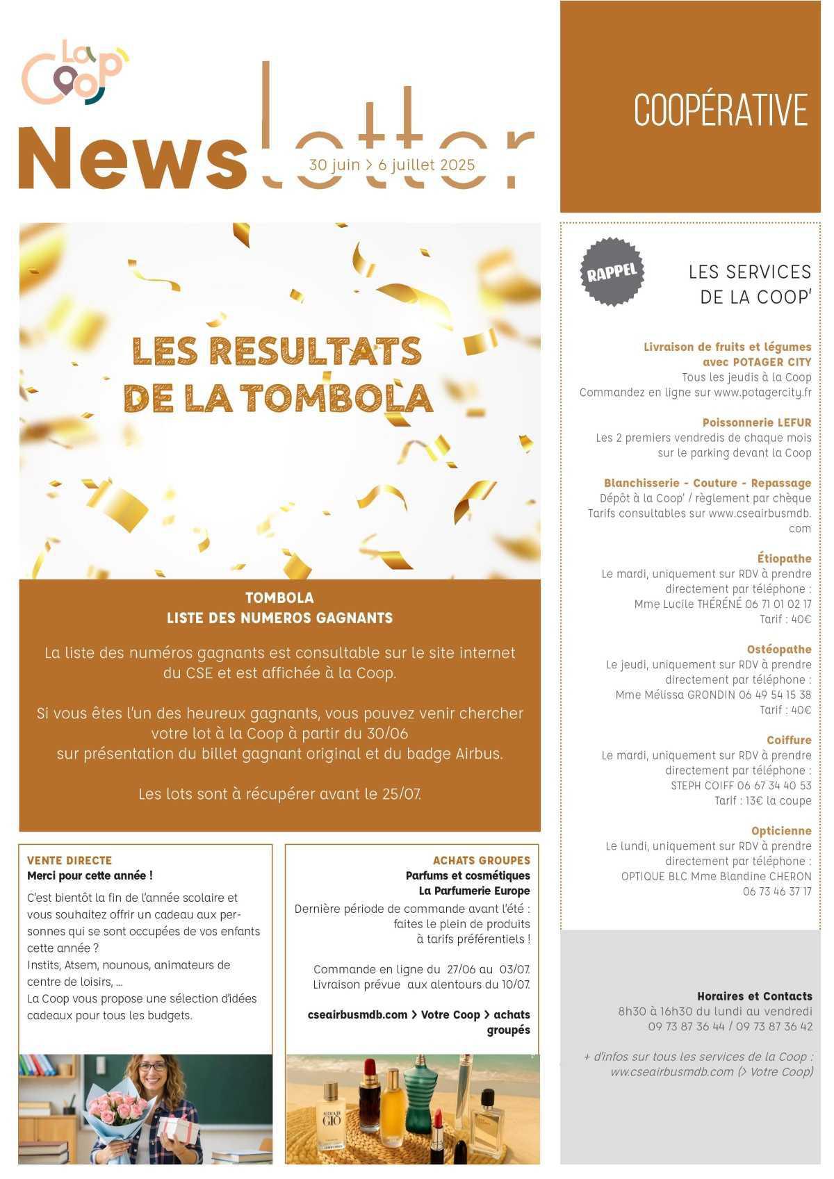 Informations du CSE et de la coopérative semaine 27