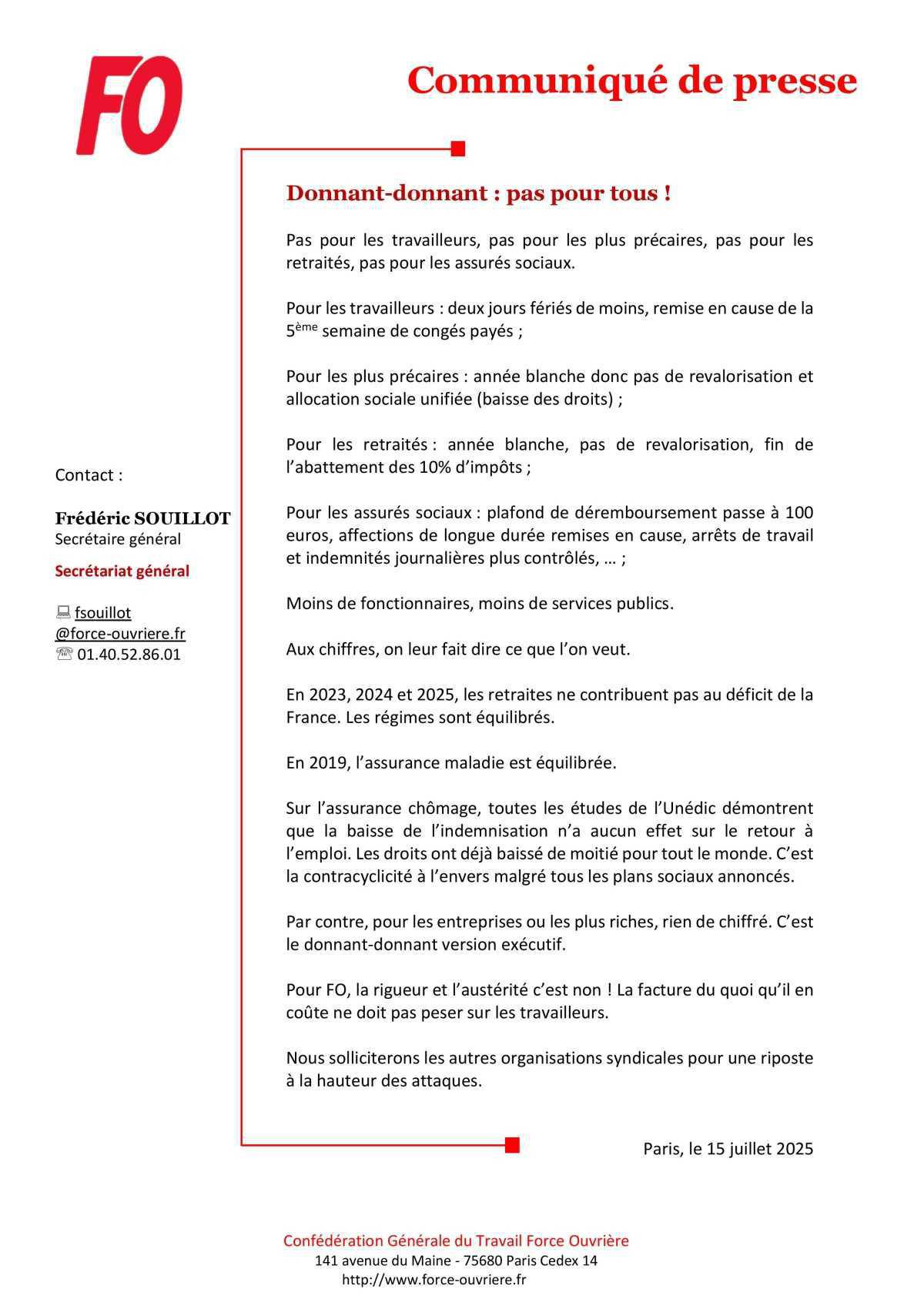 Communiqué de presse FO : Donnant - donnant, pas pour tous !