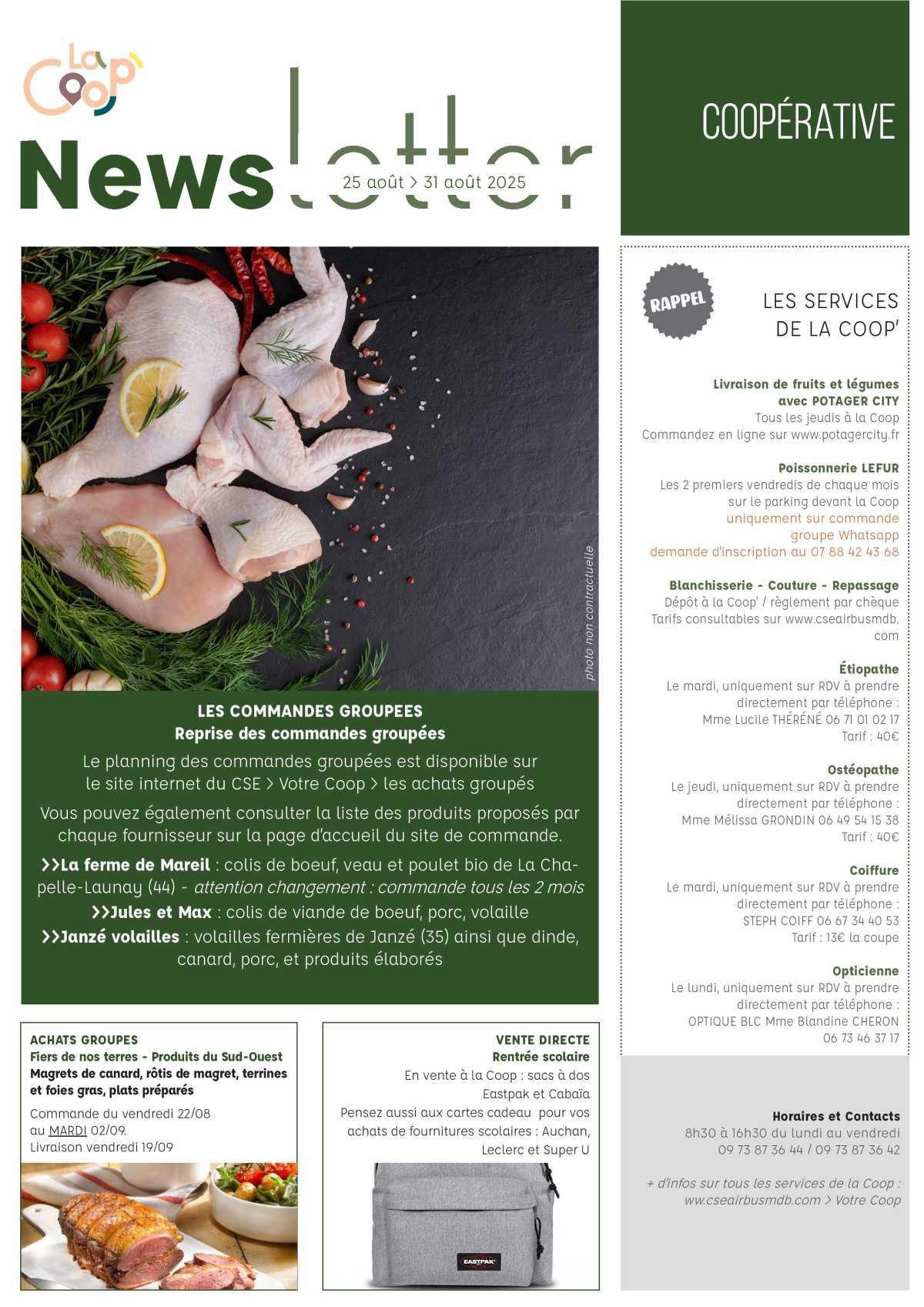 Informations du CSE et de la coopérative semaine 35