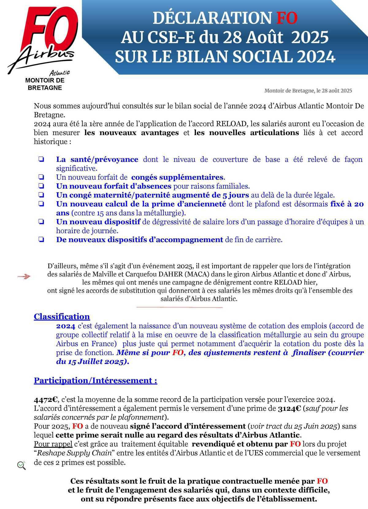 Déclaration FO au CSE-E du 28 août 2025 sur le bilan social 2024