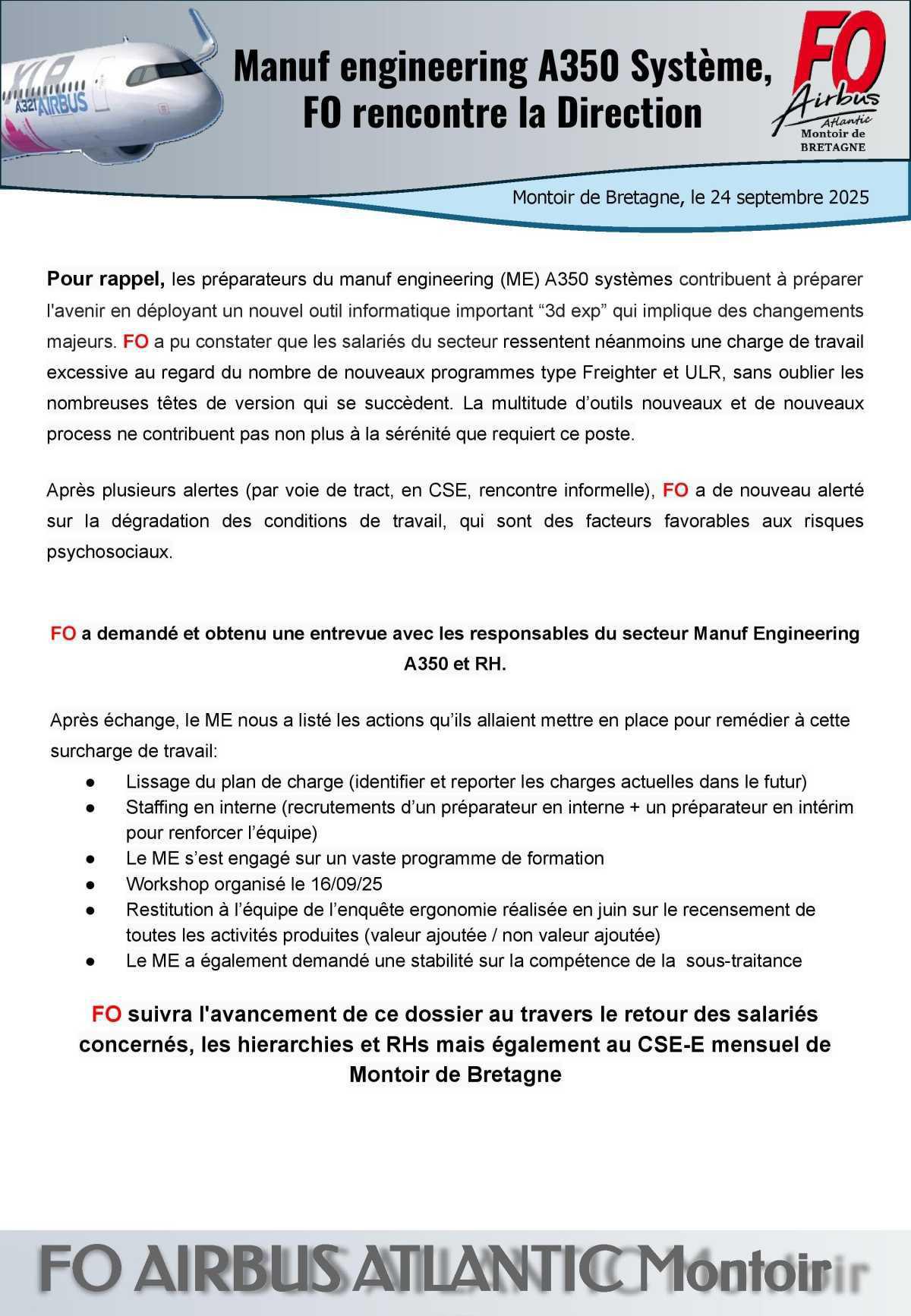 Charges ME A350 système : FO en soutient !