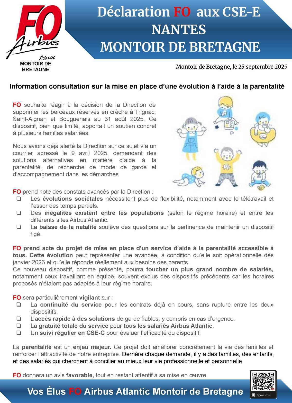 Déclaration FO aux CSE-E de Nantes et Mdb : Mise en place d'une évolution à l'aide à la parentalité 