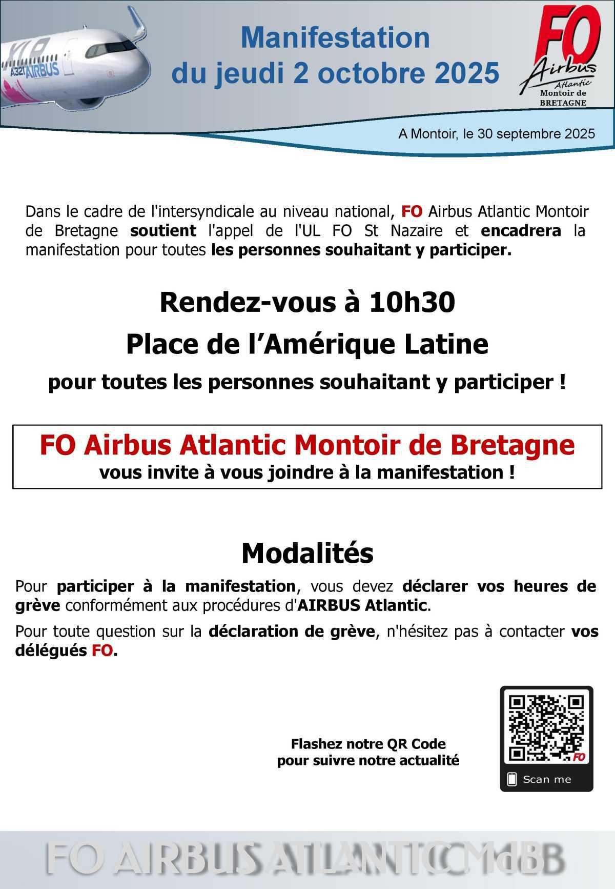 Manifestation du 2 octobre 2025 : FO Airbus Atlantic MdB vous y invite !