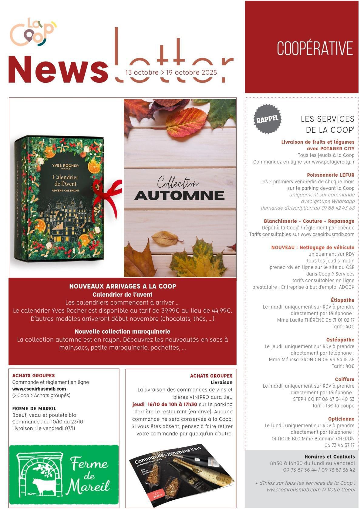 Informations du CSE et de la coopérative semaine 42