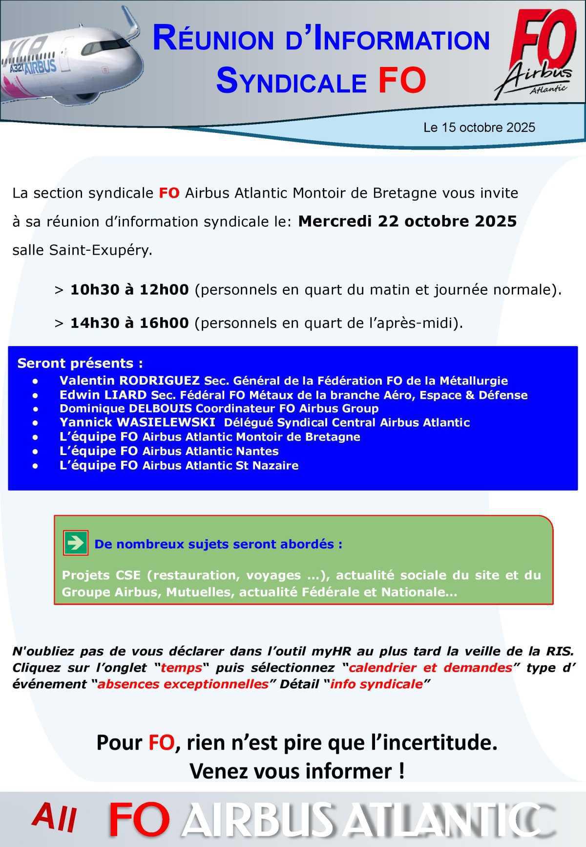 Réunion d'Information Syndicale FO le 22 octobre, venez vous informer !