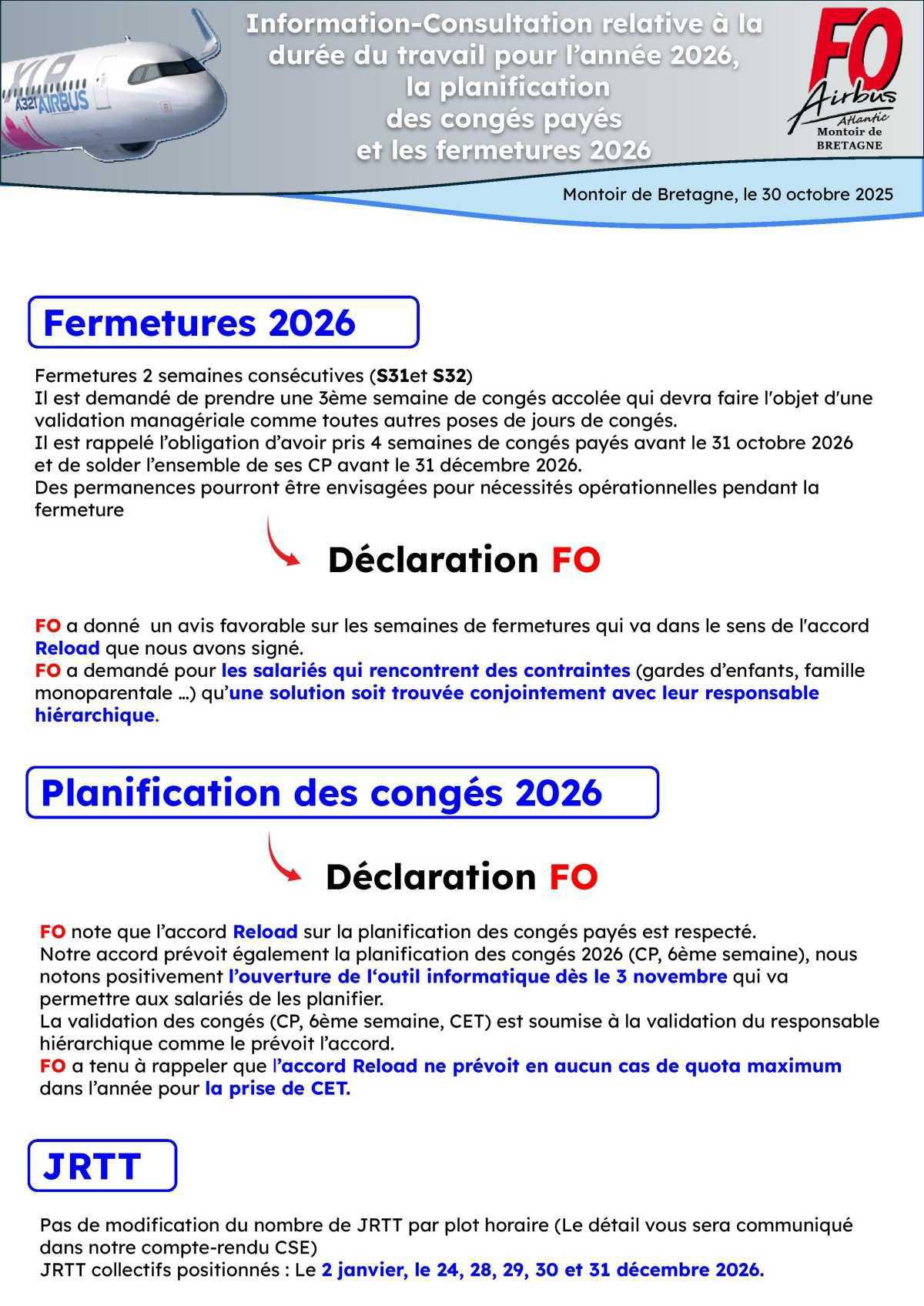 Déclaration FO au CSE du 30/10/25 : Fermetures été, planification des congés, durée du temps de travail 2026