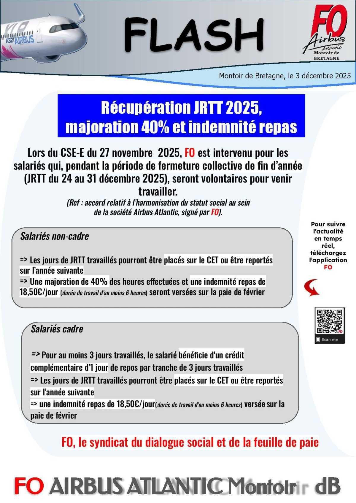 Flash FO : récupération JRTT 2025, majoration à 40%, indemnité repas..