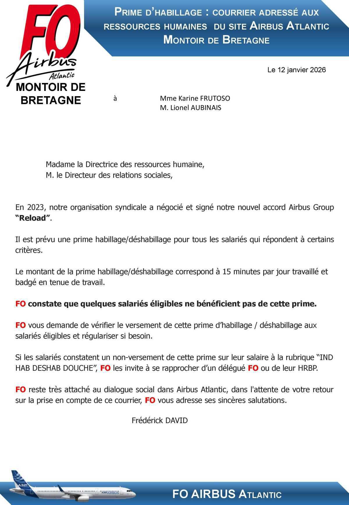 Prime d'habillage : FO adresse un courrier aux Ressources Humaines du Site AA Montoir de Bretagne