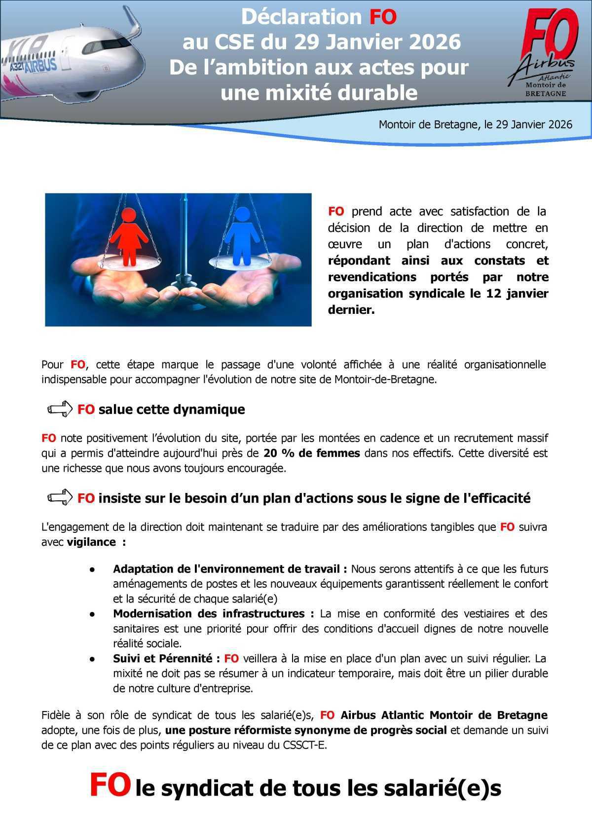 Déclaration FO au CSE du 29/01/26 : De l'ambition aux actes pour une mixité durable