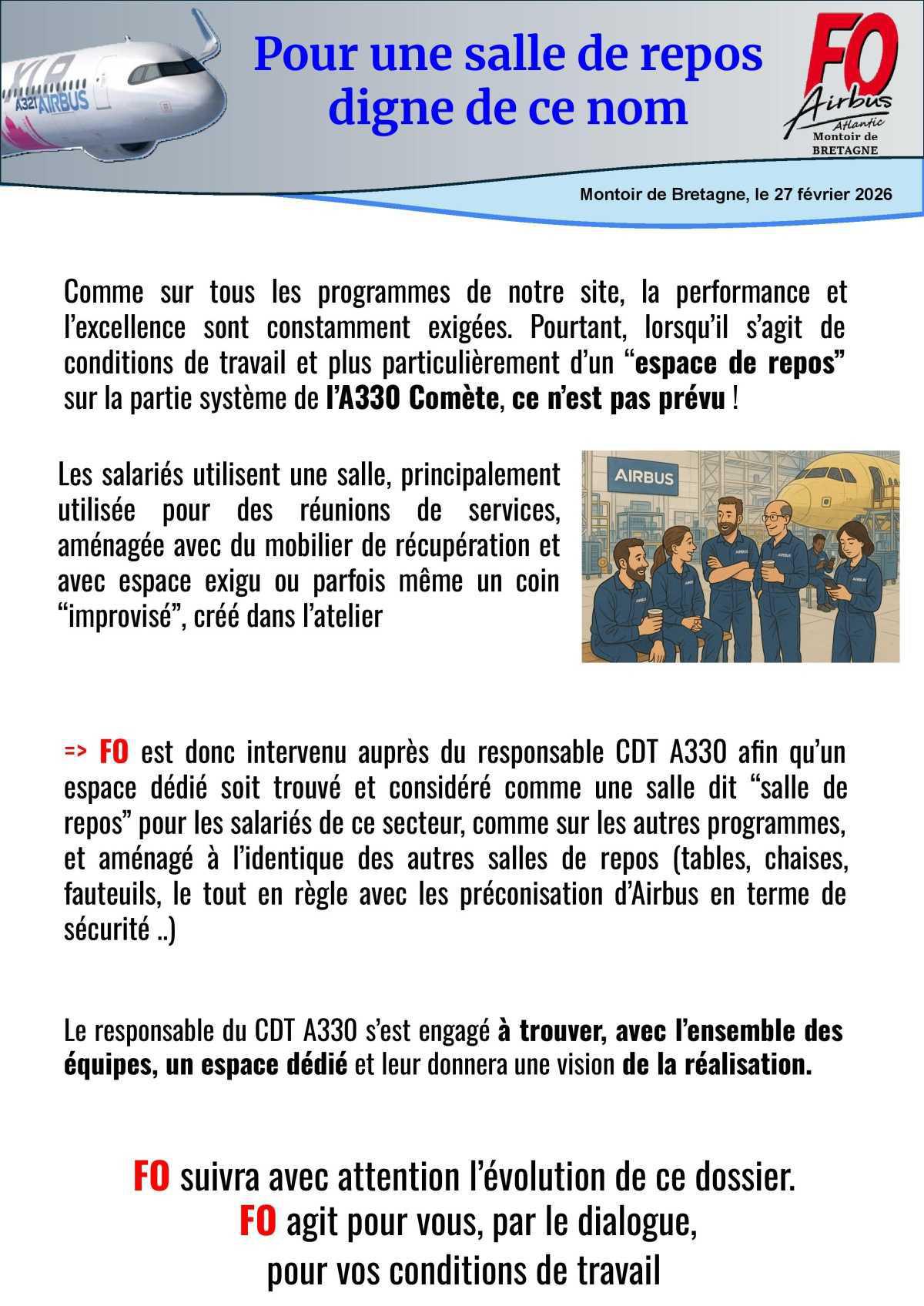 Tract FO : A330 Systèmes, pour une salle de repos digne de ce nom