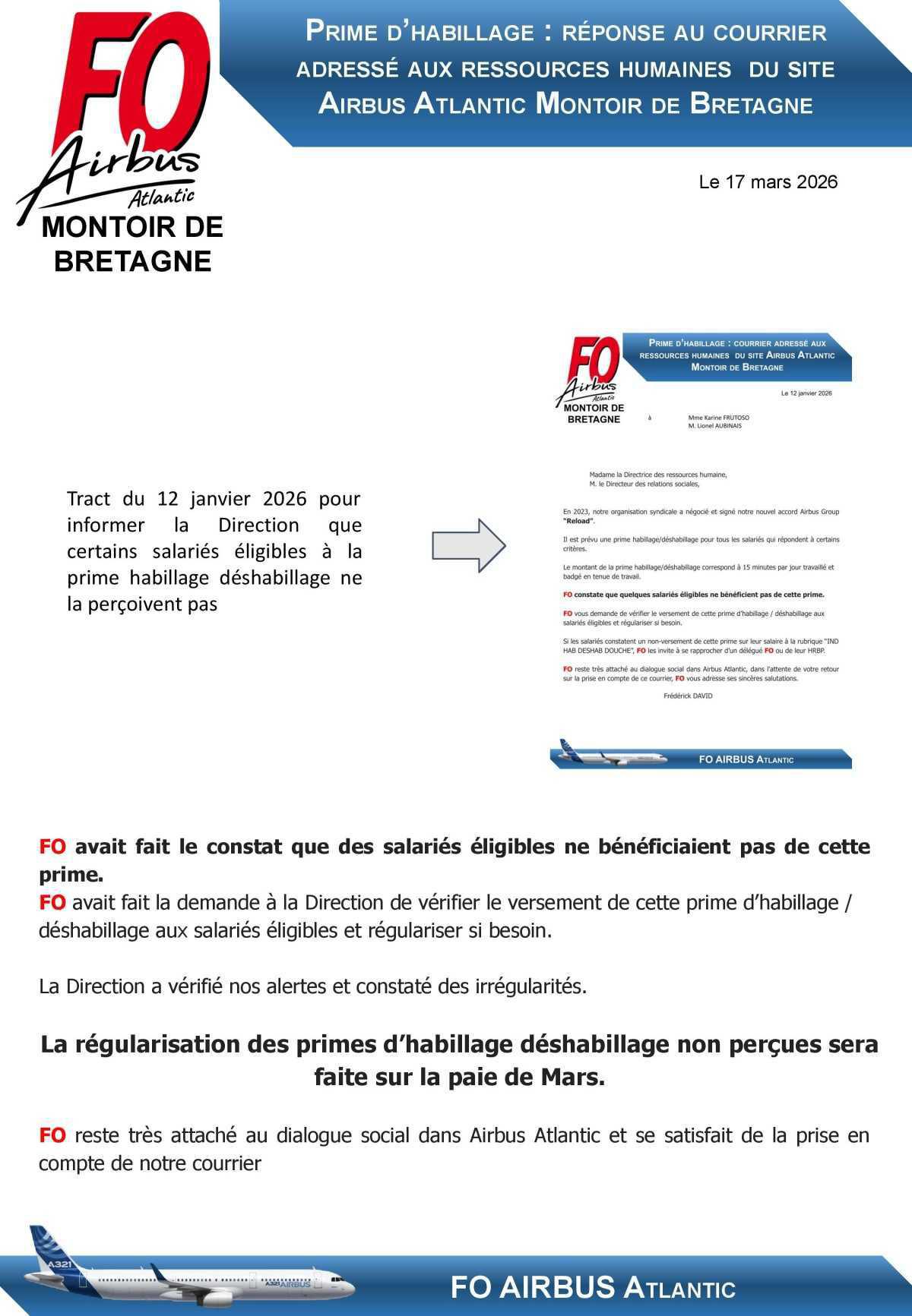 Prime d'habillage : réponse au courrier FO adressé aux ressources humaines du site MdB