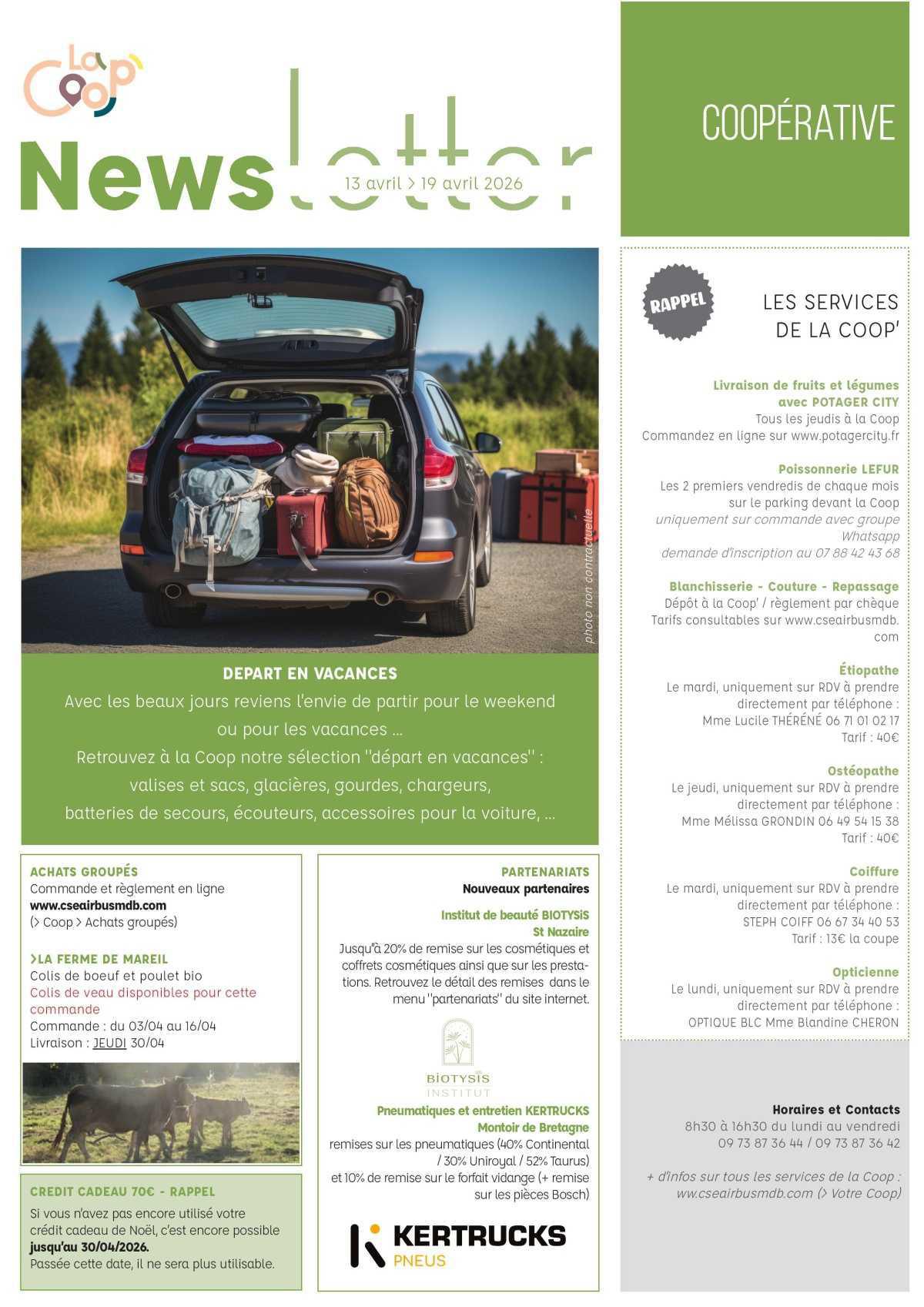 Informations du CSE et de la Coopérative semaine 16