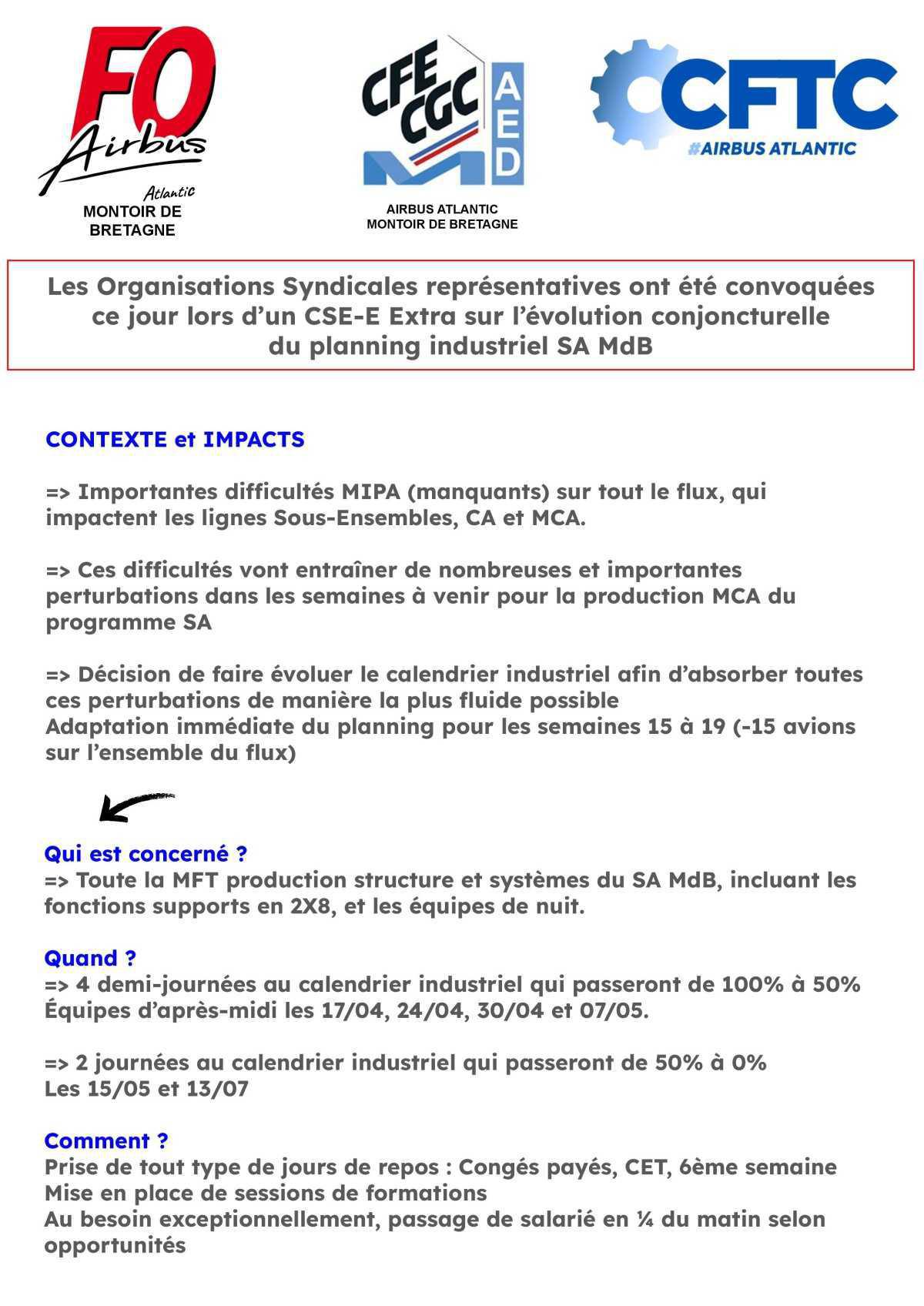 CSE-E Extra du 10/04/26 : Evolution conjoncturelle du planning industriel SA MdB