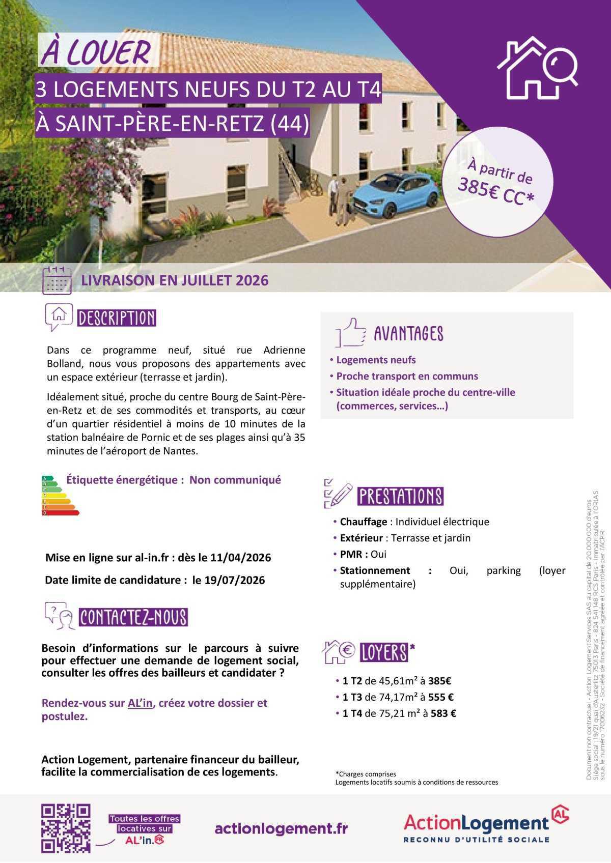 Communication FO => Action logement : offre location appartements (Pornichet, Saint Père en Retz, La Plaine sur Mer)