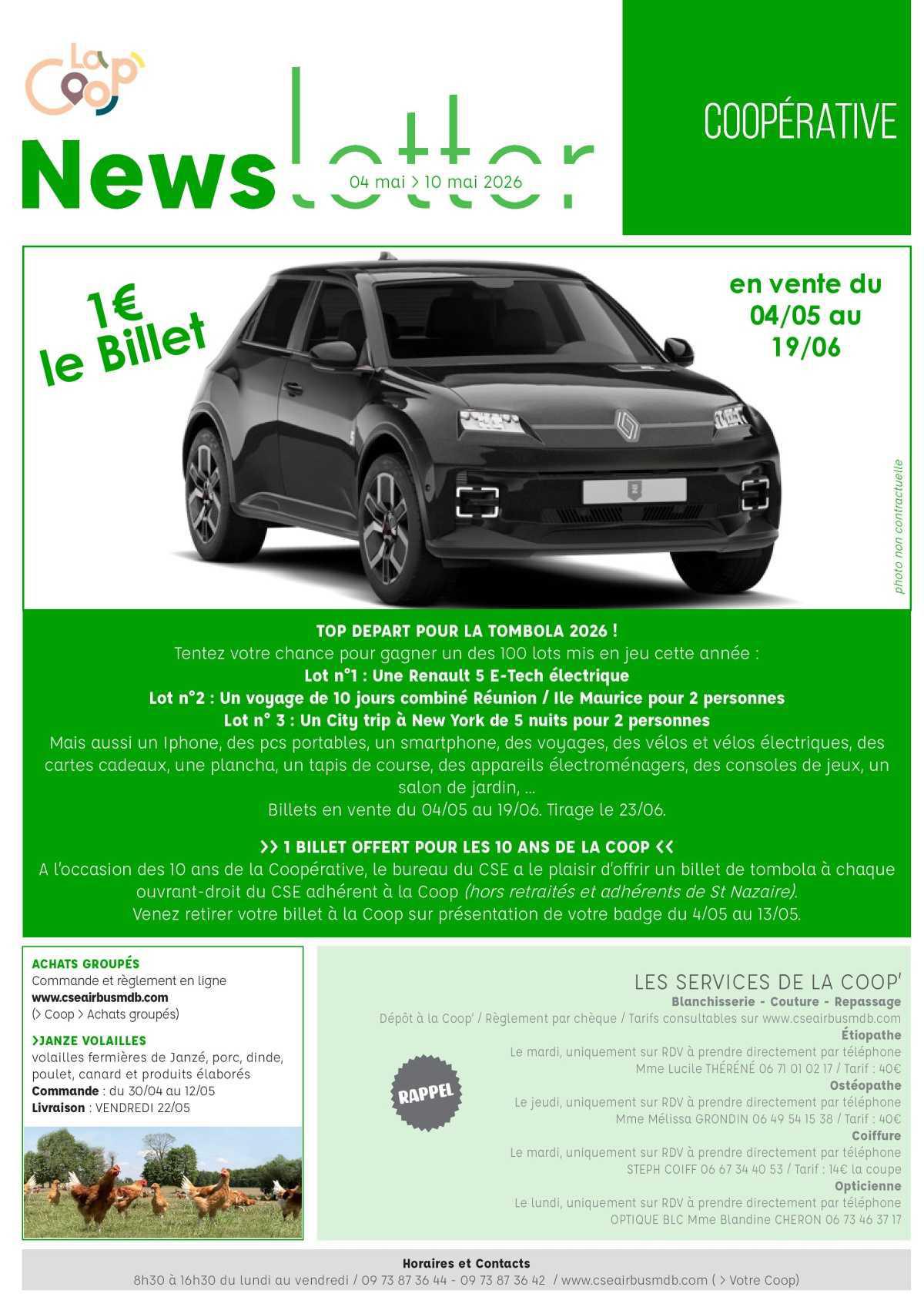 Informations du CSE et de la Coopérative semaine 19 