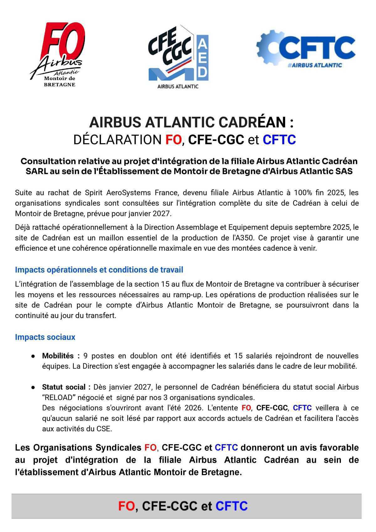 AIRBUS ATLANTIC CADREAN : Déclaration FO, CFE-CGC et CFTC