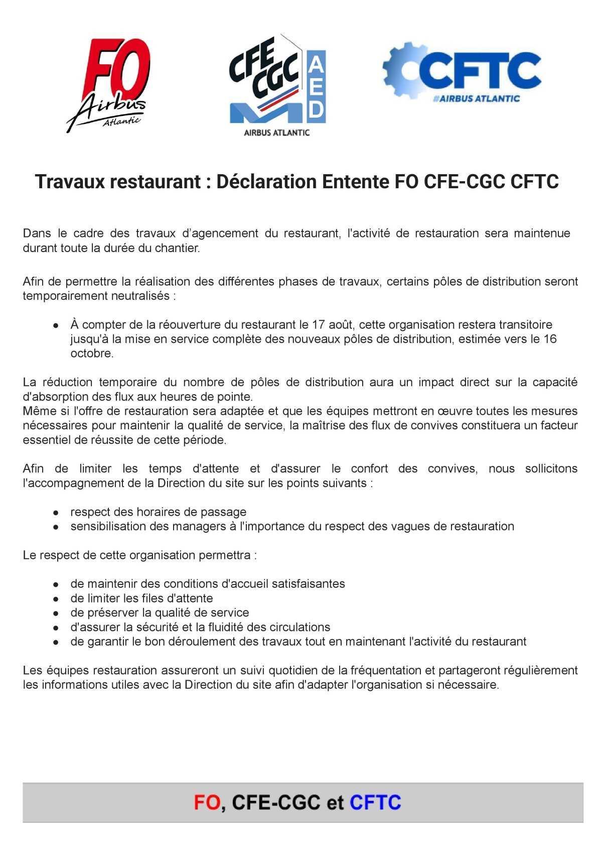 Travaux restaurant : Déclaration de l'Entente FO, CFE-CGC et CFTC
