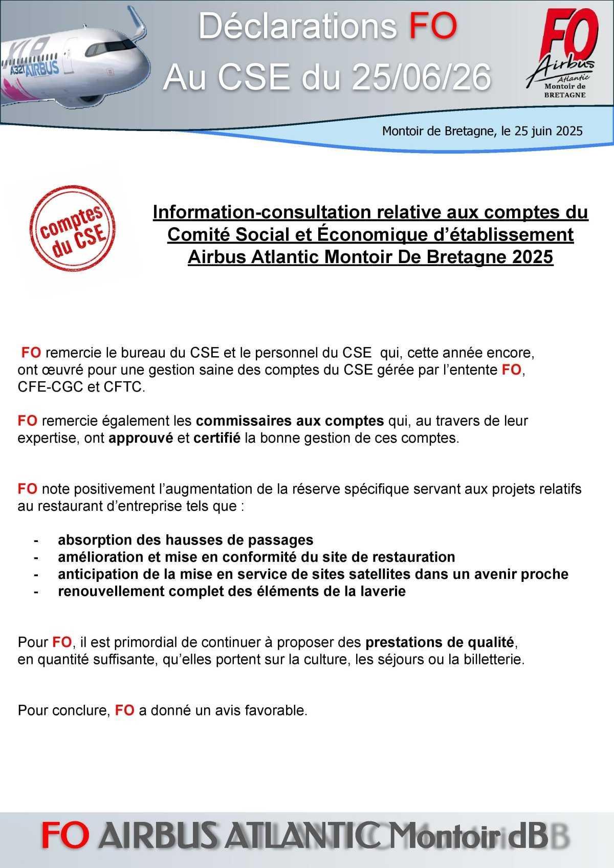 Déclaration FO au CSE du 25/06/26 sur les comptes du CSE (exercice 2025)