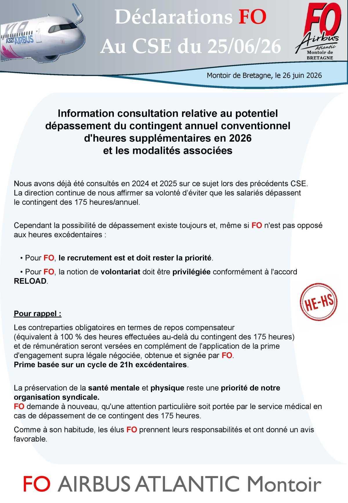 Déclaration FO au CSE du 25/06/26 sur le contingent annuel conventionnel d'HS