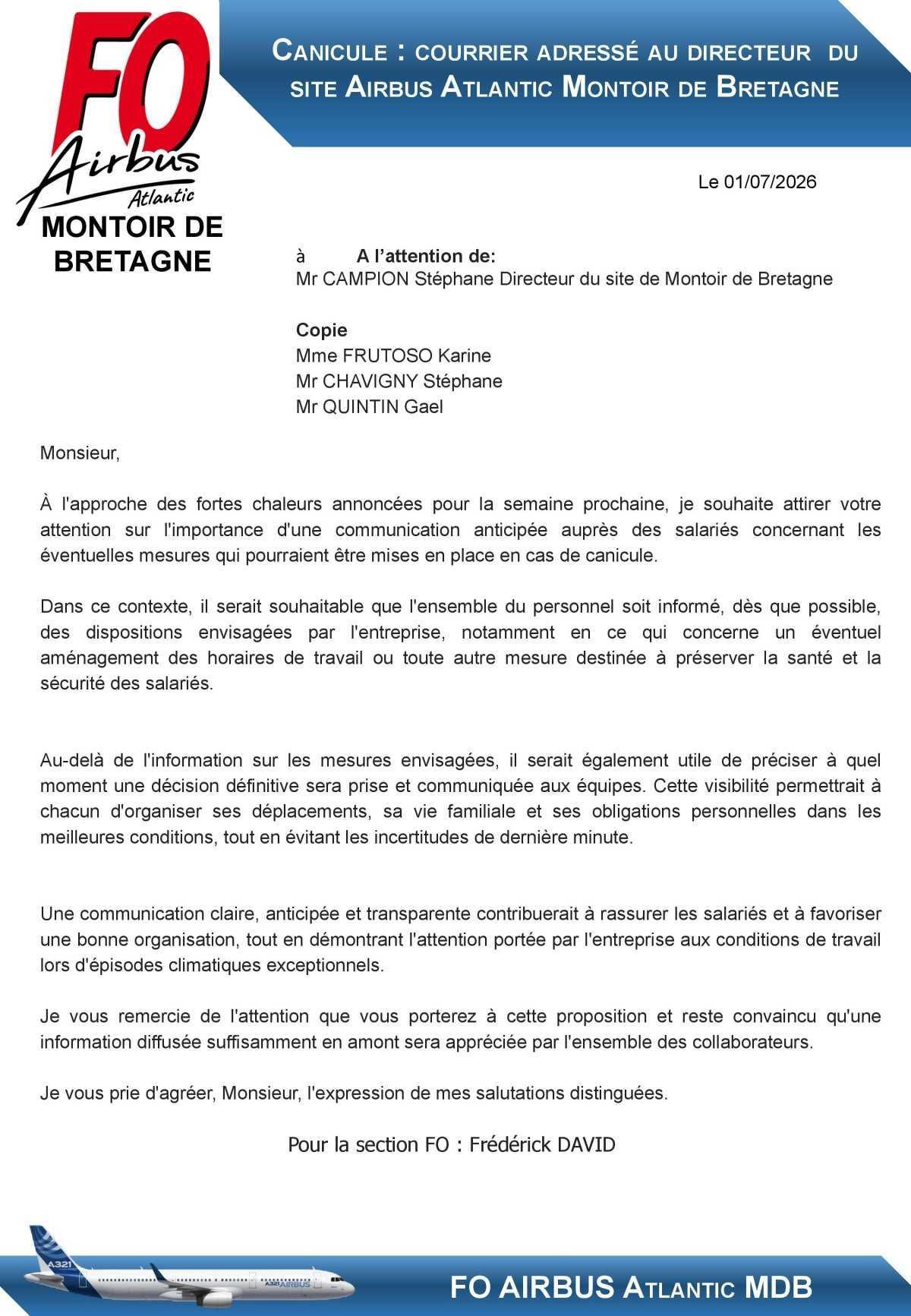 Canicule : courrier adressé au Directeur du site Airbus Atlantic Montoir de Bretagne