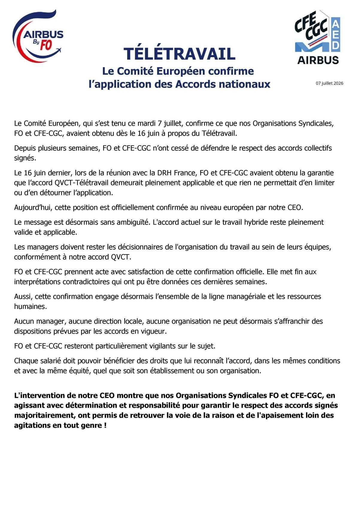 TELETRAVAIL : Le Comité Européen confirme l'application des Accords nationaux 