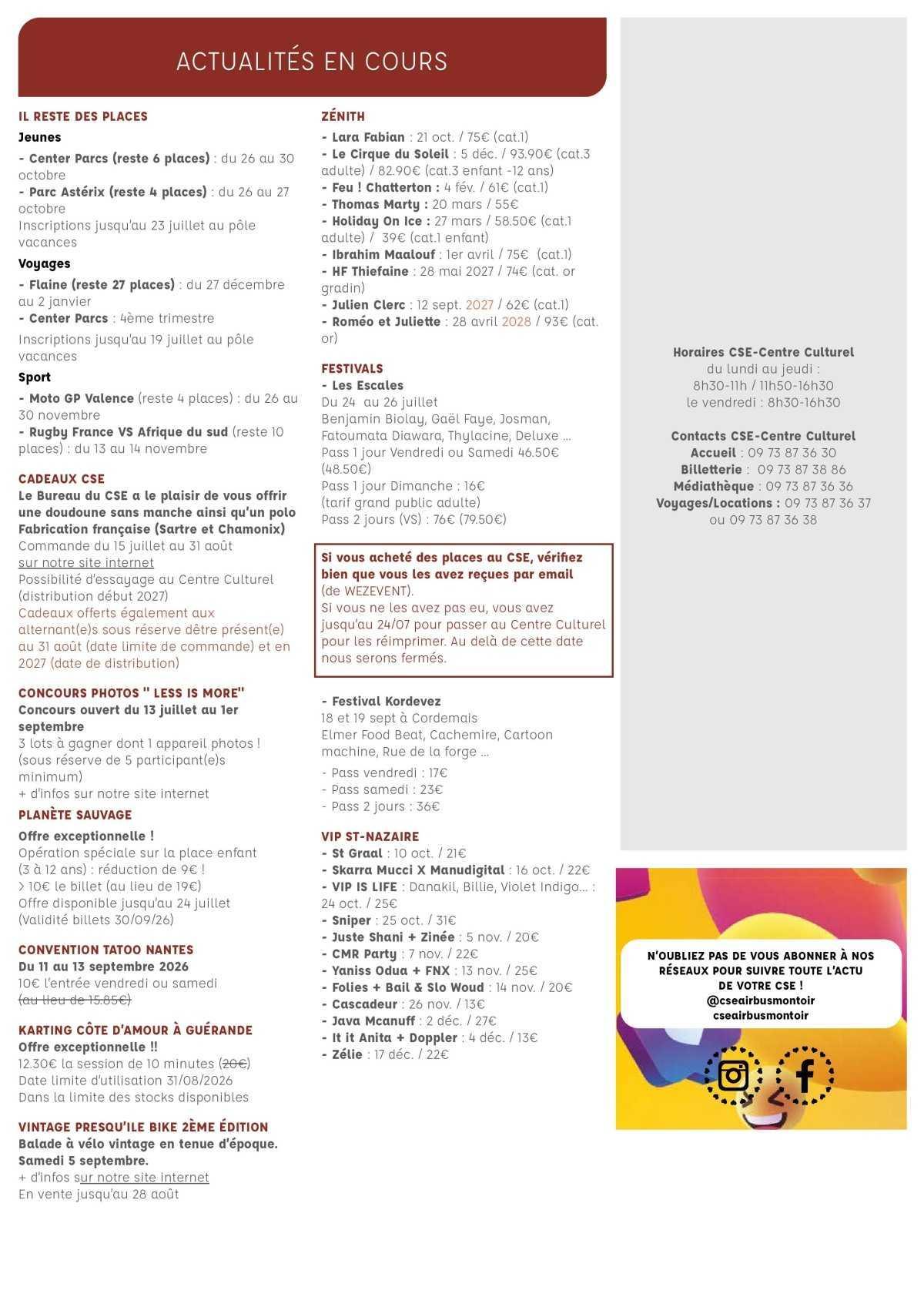 Informations du CSE et de la coopérative semaine 30