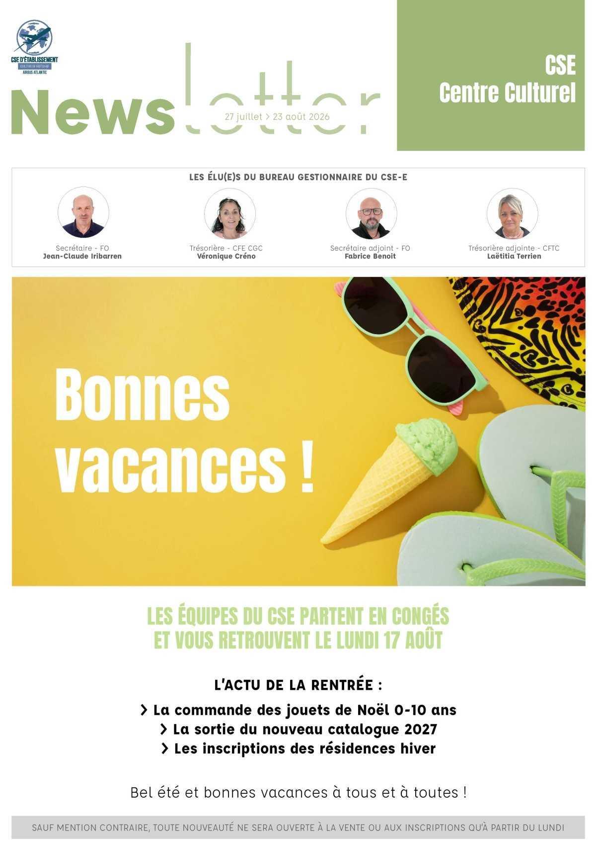 informations du CSE et de la coopérative du 27 Juillet au 23 Août