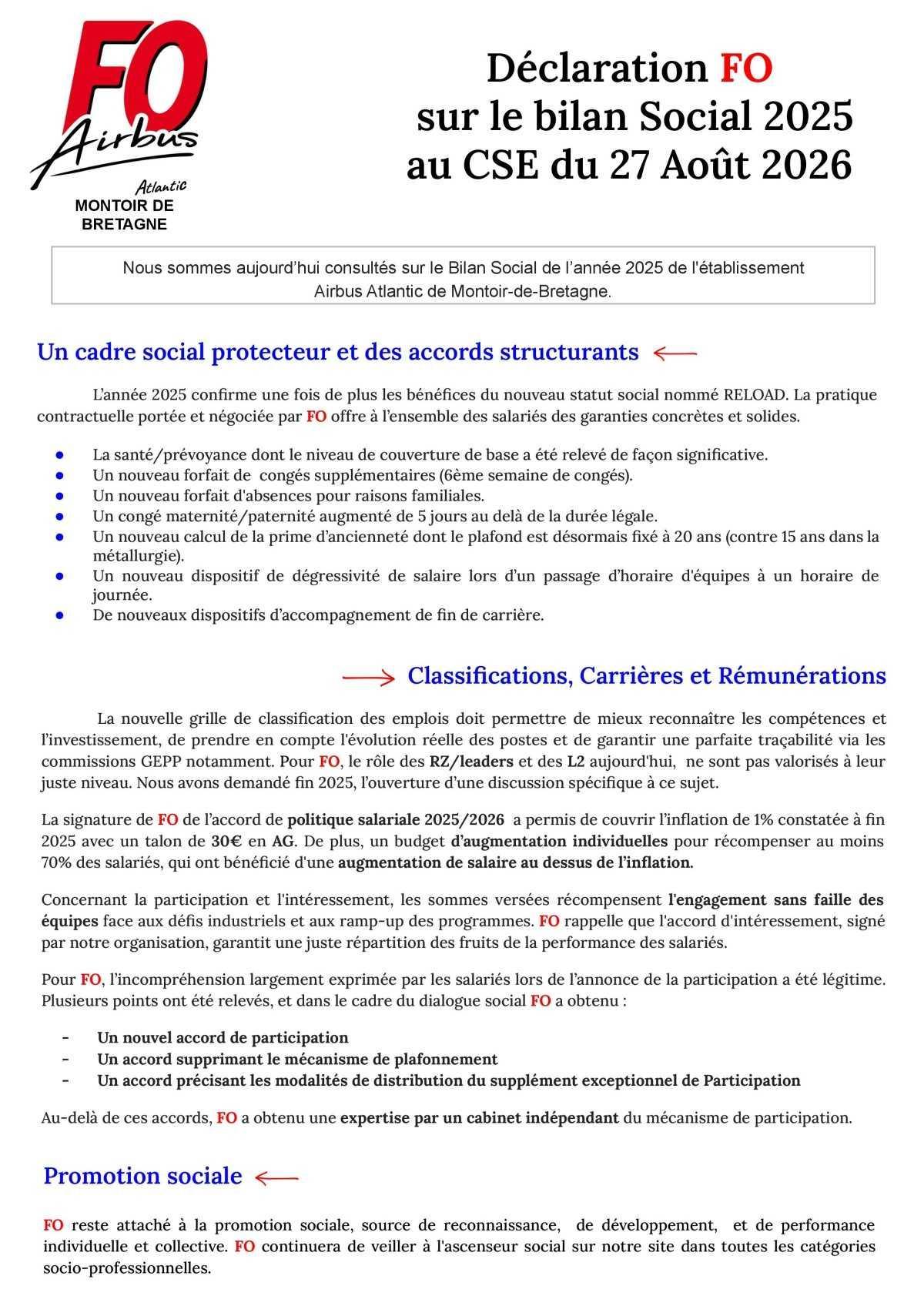 Bilan Social 2025 : déclaration FO au CSE du 27 août 2026