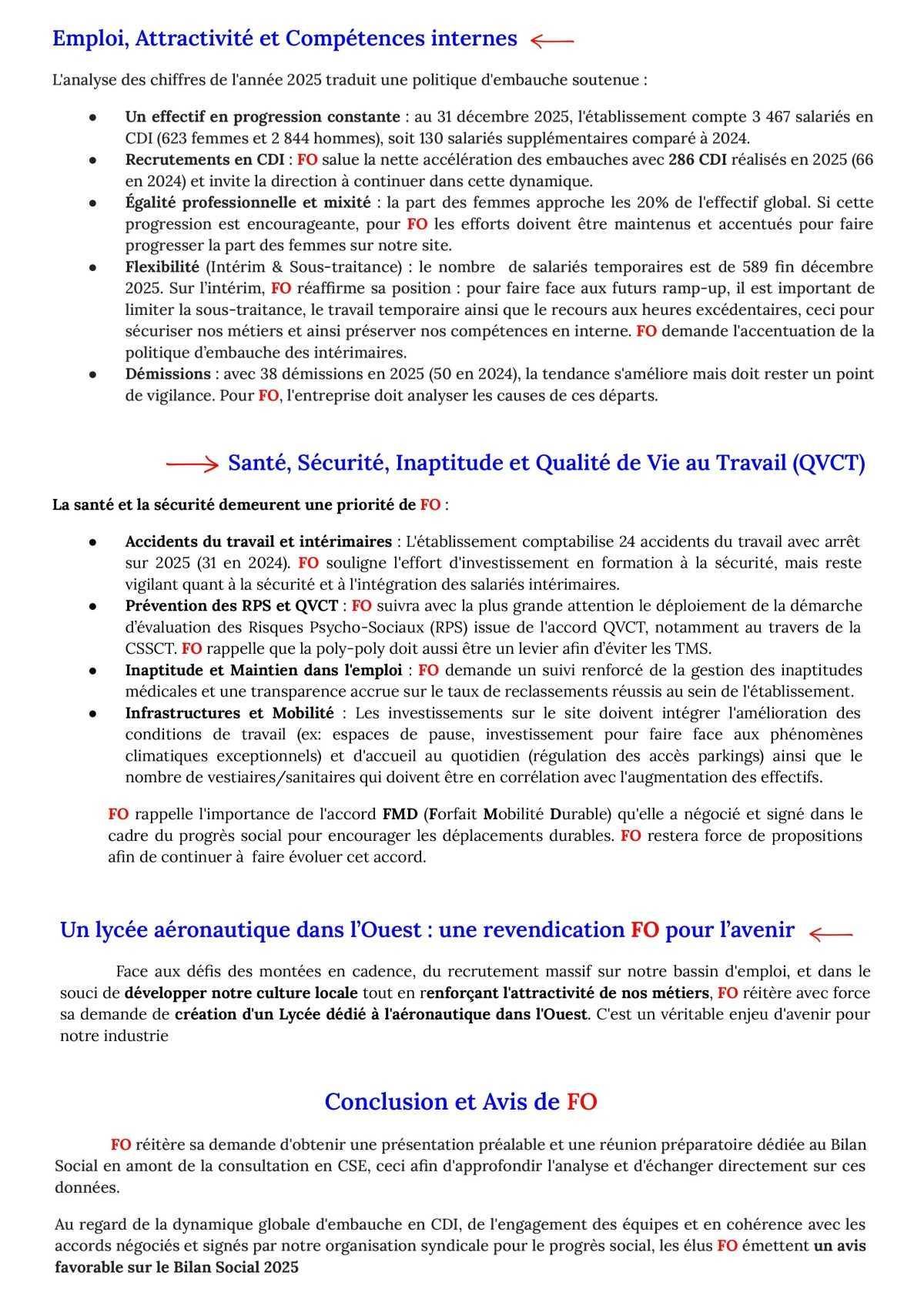 Bilan Social 2025 : déclaration FO au CSE du 27 août 2026