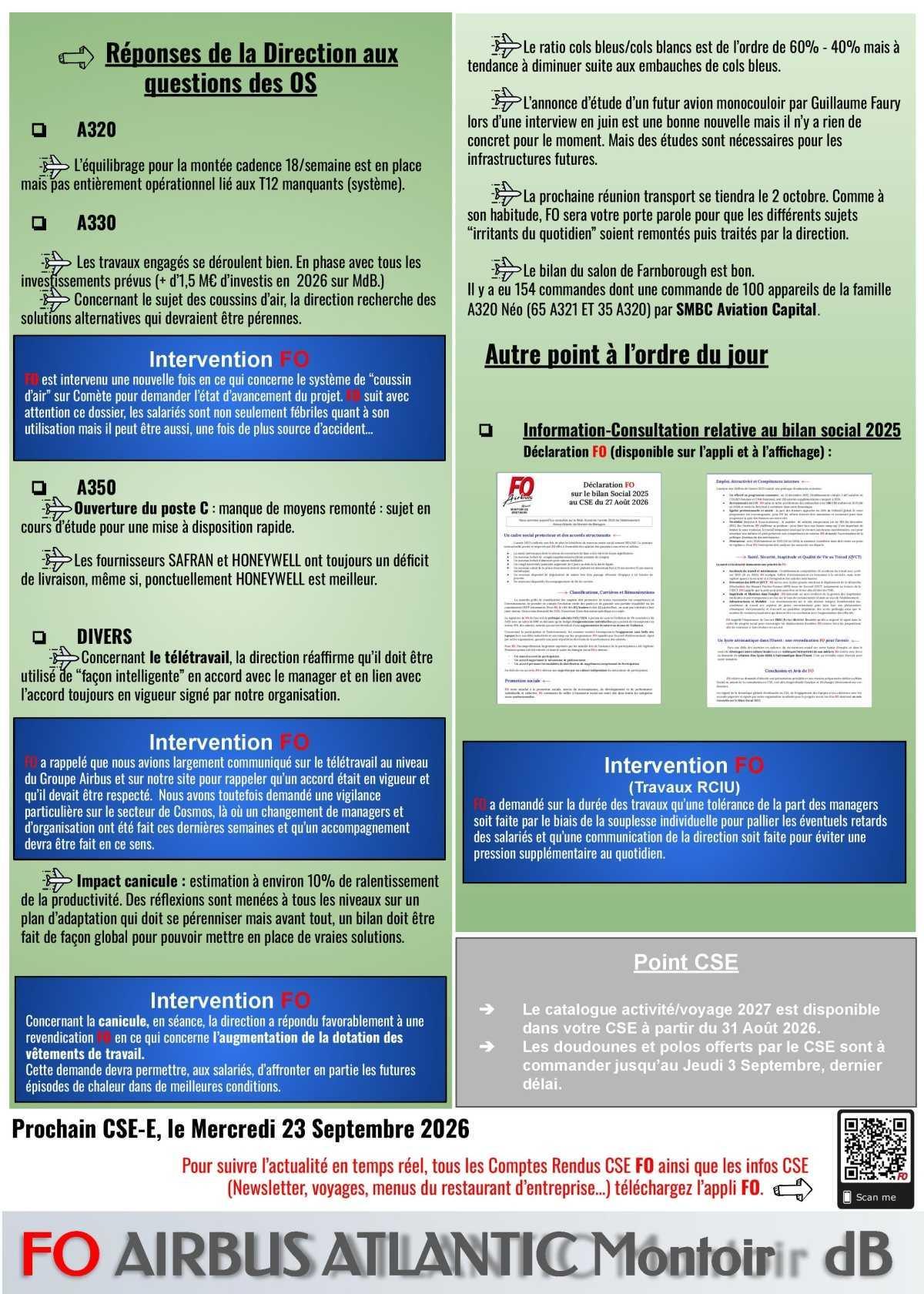 Compte rendu FO du CSE du 27 août 2026 (dotation vêtements de travail, secteur Cosmos...)