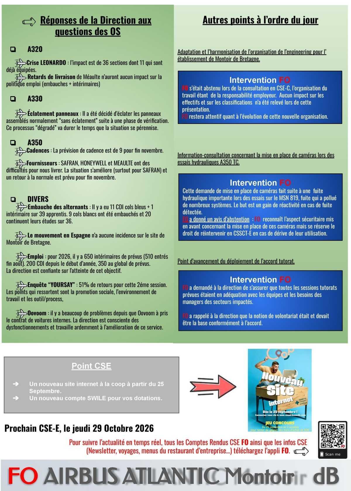 Compte rendu FO du CSE du 23 septembre 2026 (Caméras A350, orga manuf A350, tutorat..)