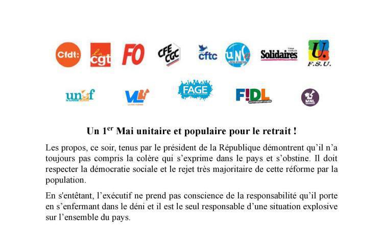 Communiqué de l'intersyndicale - réforme des retraites - : Un 1er Mai unitaire et populaire pour le retrait!