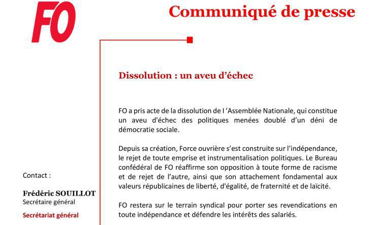 Communiqué de presse FO : dissolution, un aveu d'échec