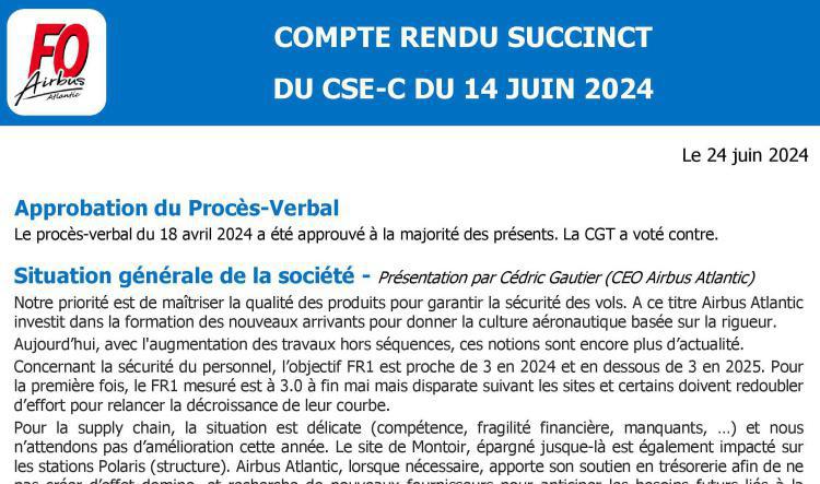 Compte-rendu succinct FO du CSE-C du 14 juin 2024 