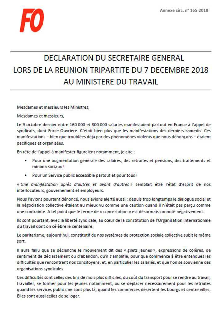 DECLARATION du SECRETAIRE GENERAL lors de la réunion du 7 décembre 2018 AU MINISTERE DU TRAVAIL 