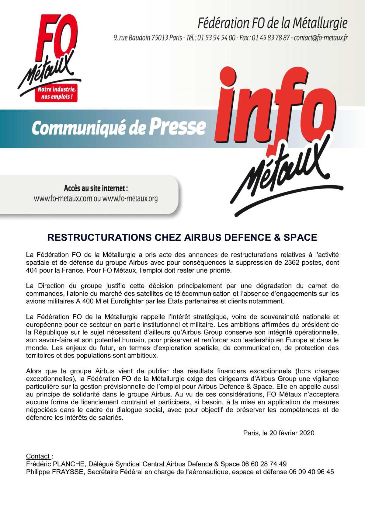 Plan de restructuration AIRBUS DEFENCE & SPACE