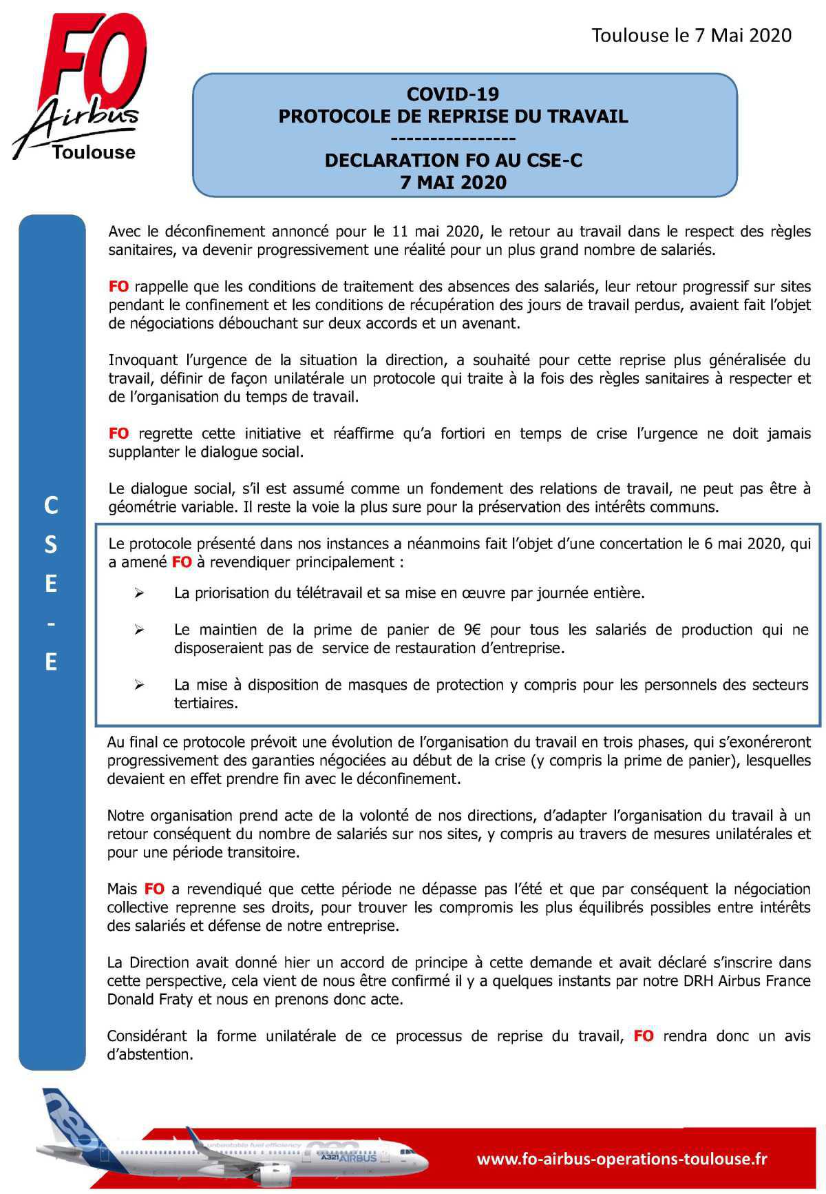 PROTOCOLE DE REPRISE DU TRAVAIL - DECLARATION AU CSE-C du 7 Mai 2020