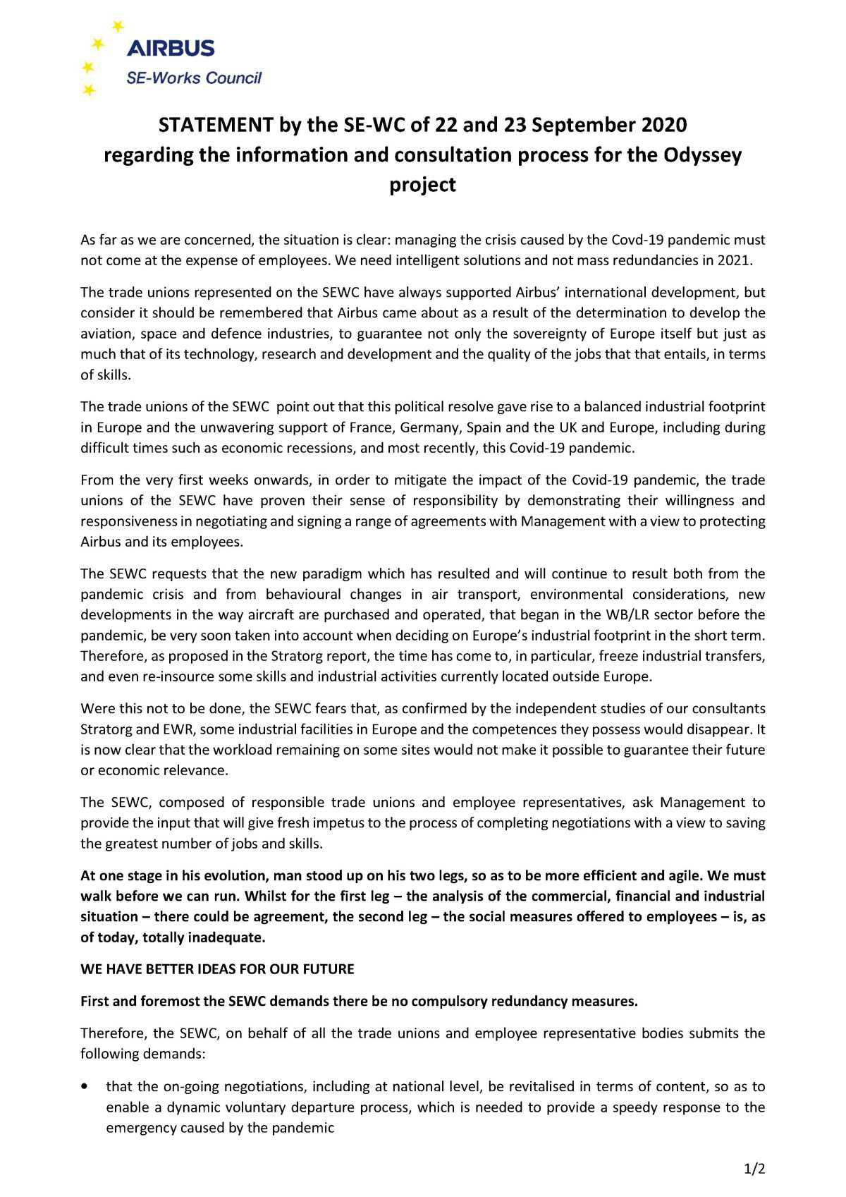 Déclaration du SE-WC des 22 et 23 Septembre 2020 concernant l'information / consultation du projet ODYSSEY