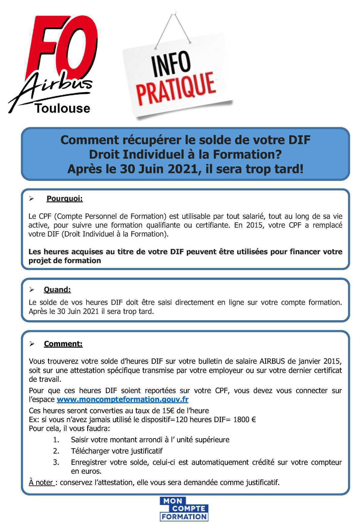 Dernier jour pour récupérer le solde de votre DIF (Droit Individuel à la Formation)! Dernier jour pour récupérer le solde de votre DIF (Droit Individuel à la Formation)!