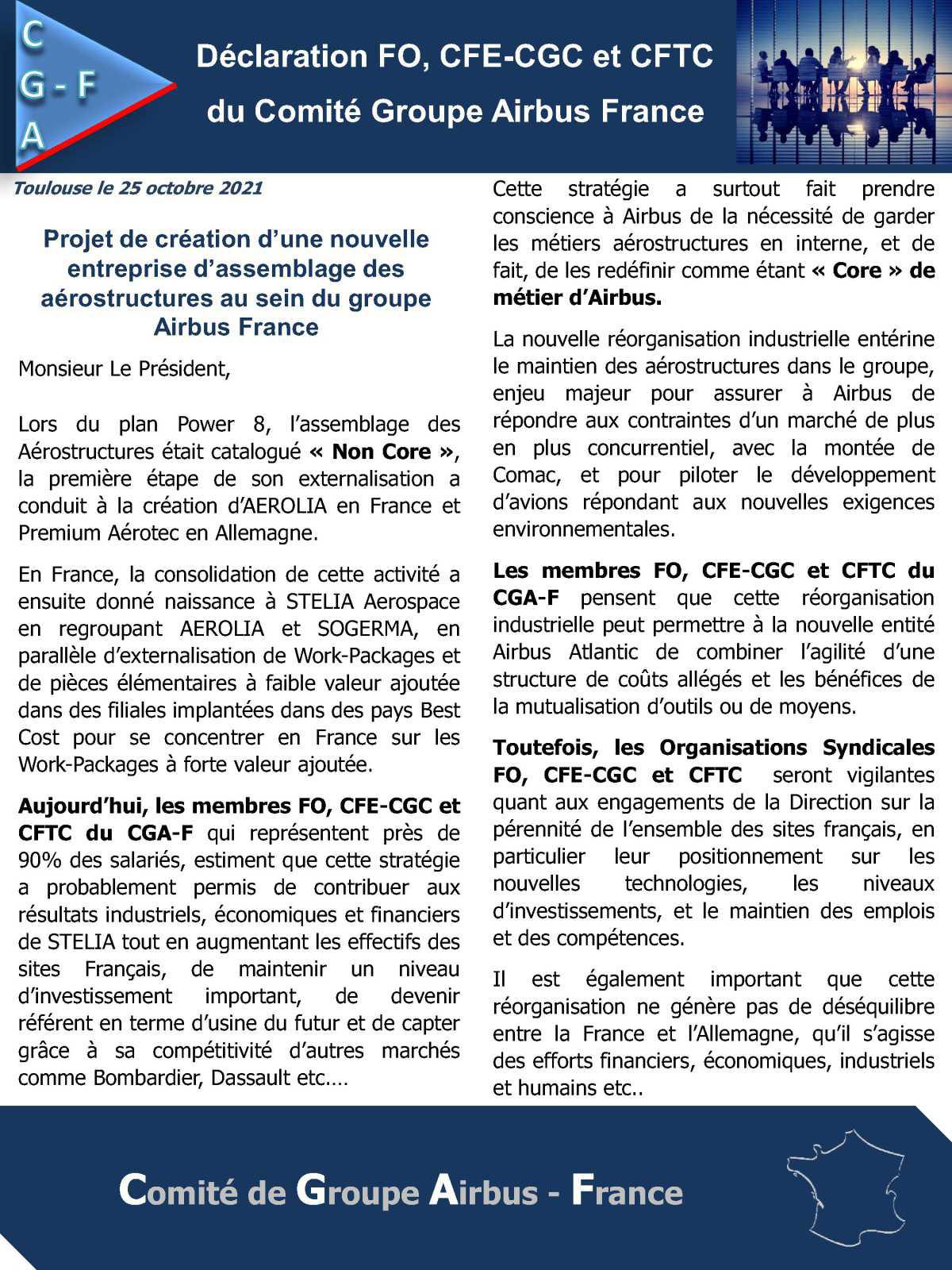 Déclaration FO, CFE-CGC et CFTC du Comité Groupe Airbus France
